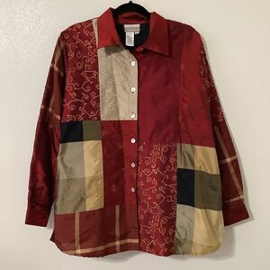 Vintage Y2K Red Boho Hippie Artsy Eclectic Patchwork Silk Blend Shirt Large